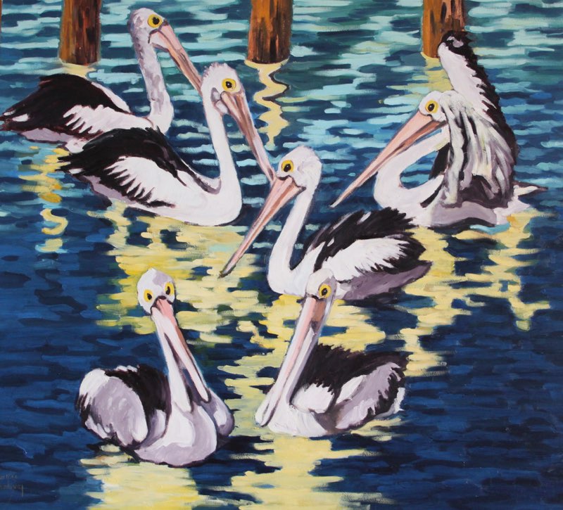 Pelicans at the Wharf - oil <br>80 x 90 $1500