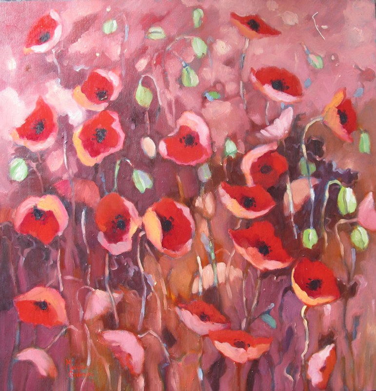 Poppies on Red<br>   64 x 69 oil